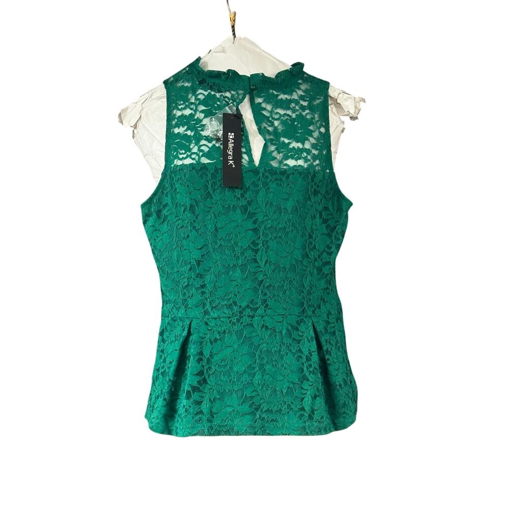 NWT Allegra K green sleeveless lace peplum top high neck Women Medium